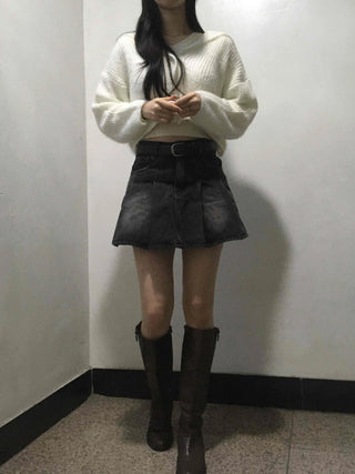 Vintage A-line Pleated Denim Mini Skirt