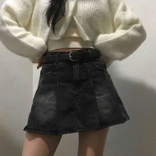 Vintage A-line Pleated Denim Mini Skirt