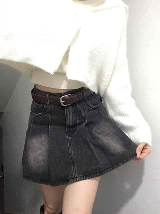 Vintage A-line Pleated Denim Mini Skirt