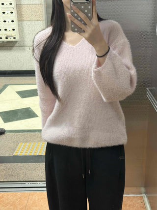 Soft Fur Touch V-Neck Loose Fit Knit