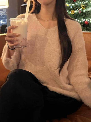 Soft Fur Touch V-Neck Loose Fit Knit