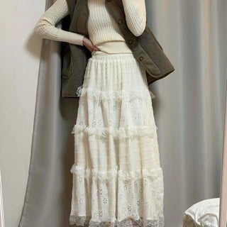 Romantic Embroidered Punched Lace Tiered Skirt
