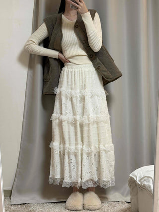 Romantic Embroidered Punched Lace Tiered Skirt