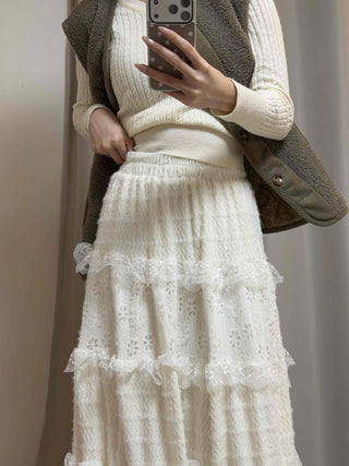 Romantic Embroidered Punched Lace Tiered Skirt