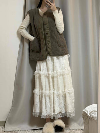 Romantic Embroidered Punched Lace Tiered Skirt