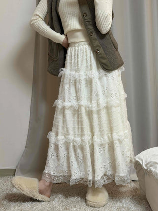 Romantic Embroidered Punched Lace Tiered Skirt