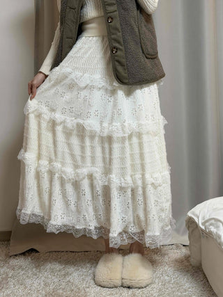 Romantic Embroidered Punched Lace Tiered Skirt