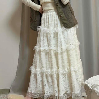 Romantic Embroidered Punched Lace Tiered Skirt
