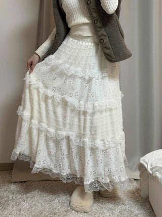 Romantic Embroidered Punched Lace Tiered Skirt