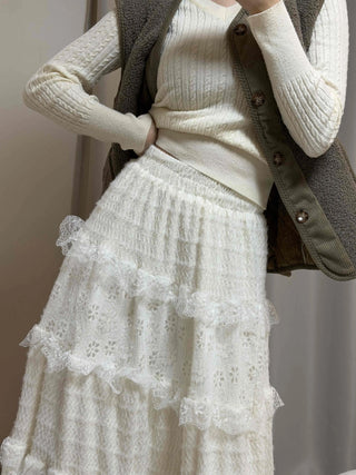 Romantic Embroidered Punched Lace Tiered Skirt
