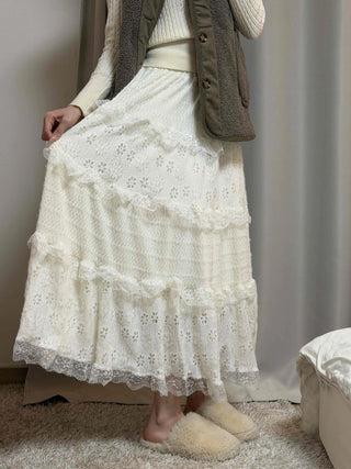 Romantic Embroidered Punched Lace Tiered Skirt