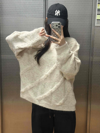 Vintage Diagonal Grunge Wool Round Neck Knit
