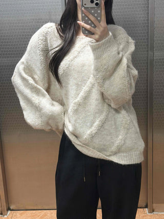 Vintage Diagonal Grunge Wool Round Neck Knit