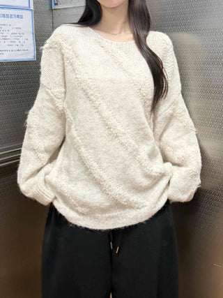 Vintage Diagonal Grunge Wool Round Neck Knit