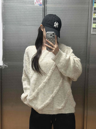Vintage Diagonal Grunge Wool Round Neck Knit