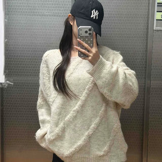 Vintage Diagonal Grunge Wool Round Neck Knit