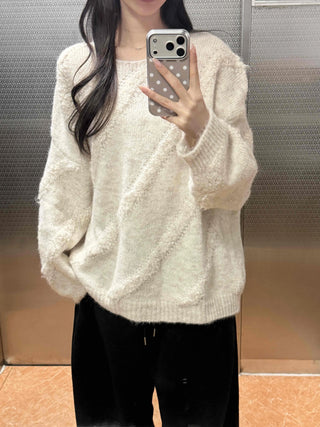 Vintage Diagonal Grunge Wool Round Neck Knit
