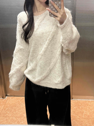Vintage Diagonal Grunge Wool Round Neck Knit