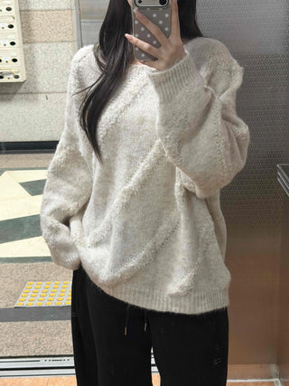 Vintage Diagonal Grunge Wool Round Neck Knit