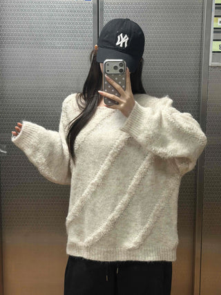 Vintage Diagonal Grunge Wool Round Neck Knit