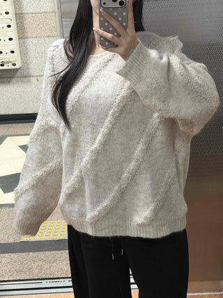 Vintage Diagonal Grunge Wool Round Neck Knit