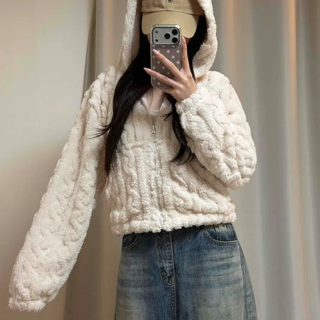 Wave Cable Boxy Fit Crop Zip-Up Hoodie