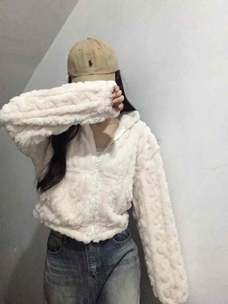Wave Cable Boxy Fit Crop Zip-Up Hoodie
