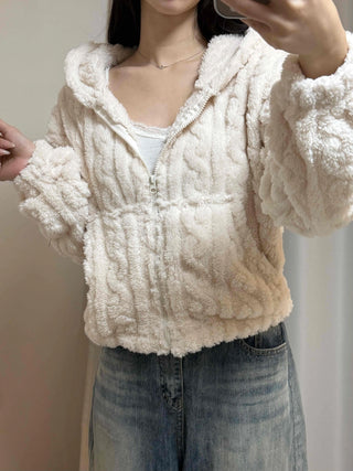 Wave Cable Boxy Fit Crop Zip-Up Hoodie