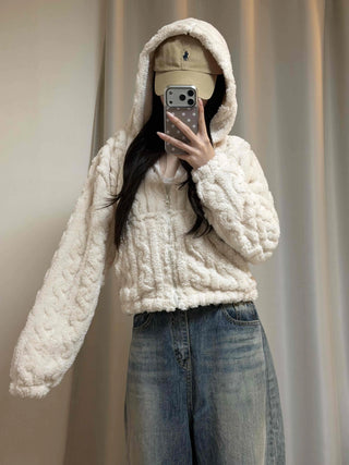Wave Cable Boxy Fit Crop Zip-Up Hoodie