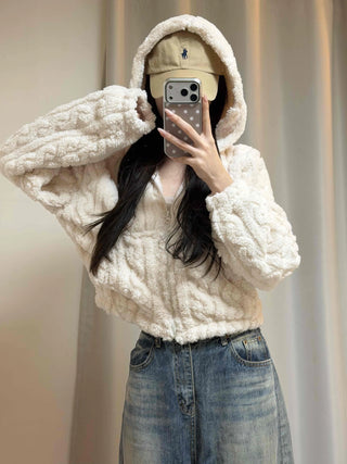Wave Cable Boxy Fit Crop Zip-Up Hoodie