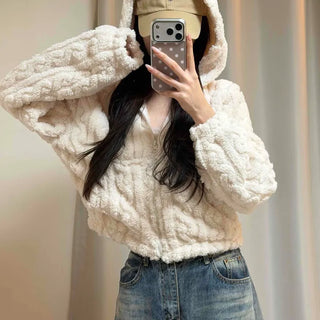 Wave Cable Boxy Fit Crop Zip-Up Hoodie