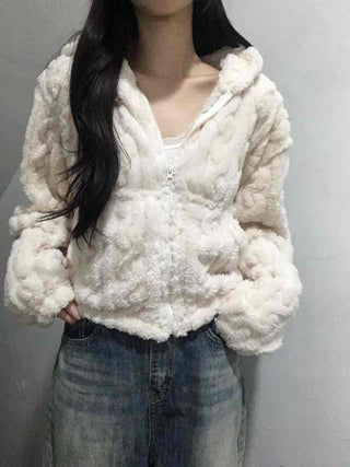 Wave Cable Boxy Fit Crop Zip-Up Hoodie