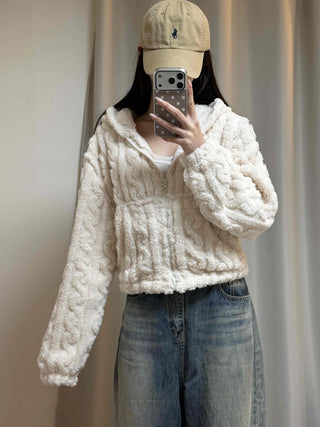 Wave Cable Boxy Fit Crop Zip-Up Hoodie