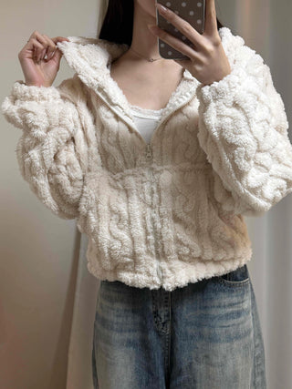 Wave Cable Boxy Fit Crop Zip-Up Hoodie