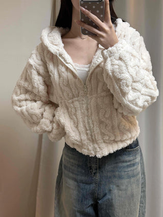 Wave Cable Boxy Fit Crop Zip-Up Hoodie