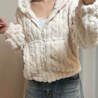 Wave Cable Boxy Fit Crop Zip-Up Hoodie