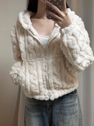 Wave Cable Boxy Fit Crop Zip-Up Hoodie