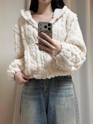 Wave Cable Boxy Fit Crop Zip-Up Hoodie
