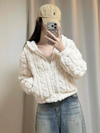 Wave Cable Boxy Fit Crop Zip-Up Hoodie