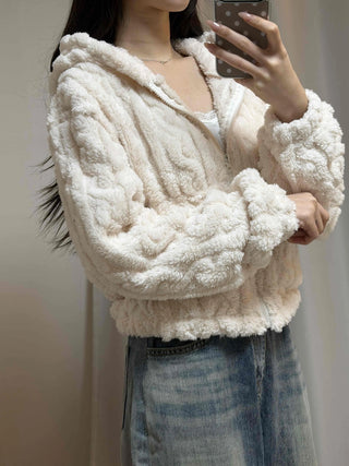 Wave Cable Boxy Fit Crop Zip-Up Hoodie