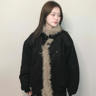 Falling Fur Line Hooded Windbreaker Crop Jumper