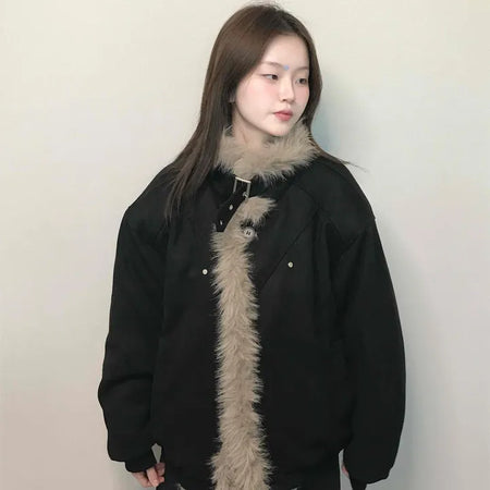 Falling Fur Line Hooded Windbreaker Crop Jumper