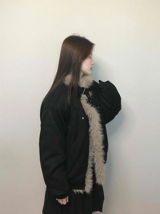 Falling Fur Line Hooded Windbreaker Crop Jumper
