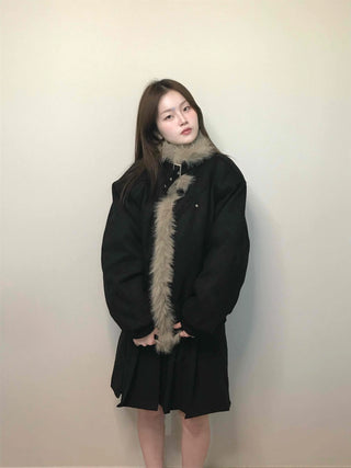 Falling Fur Line Hooded Windbreaker Crop Jumper
