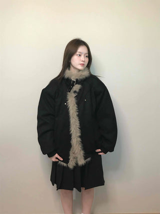 Falling Fur Line Hooded Windbreaker Crop Jumper