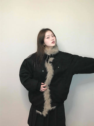 Falling Fur Line Hooded Windbreaker Crop Jumper