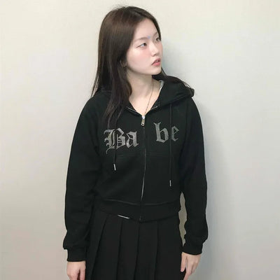 Vintage Gothic Lettering Crop Zip-Up Hoodie