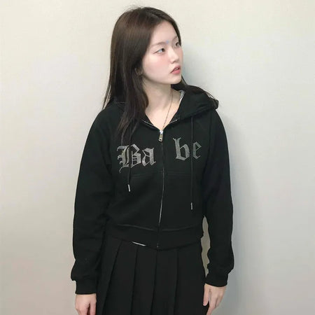 Vintage Gothic Lettering Crop Zip-Up Hoodie