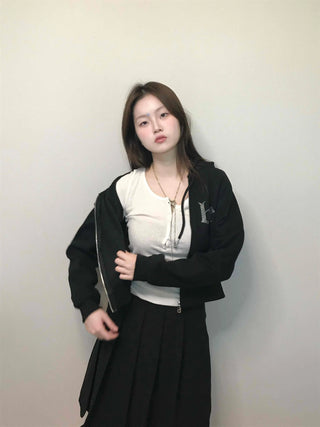 Vintage Gothic Lettering Crop Zip-Up Hoodie