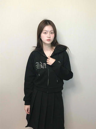 Vintage Gothic Lettering Crop Zip-Up Hoodie
